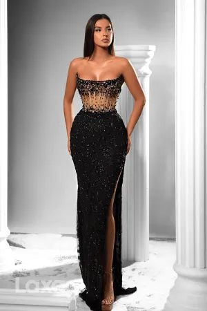 22095 - Strapless Sequins Beaded illusion High Split Mermaid Prom Dress