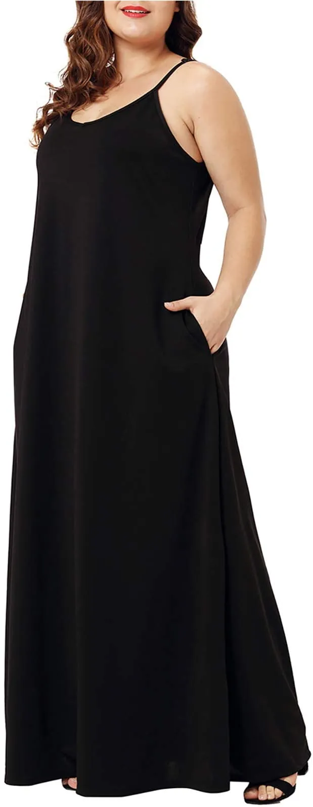 Army Green Womens Casual Sleeveless Plus Size Loose Plain Long Maxi Dress with Pockets - Wolddress