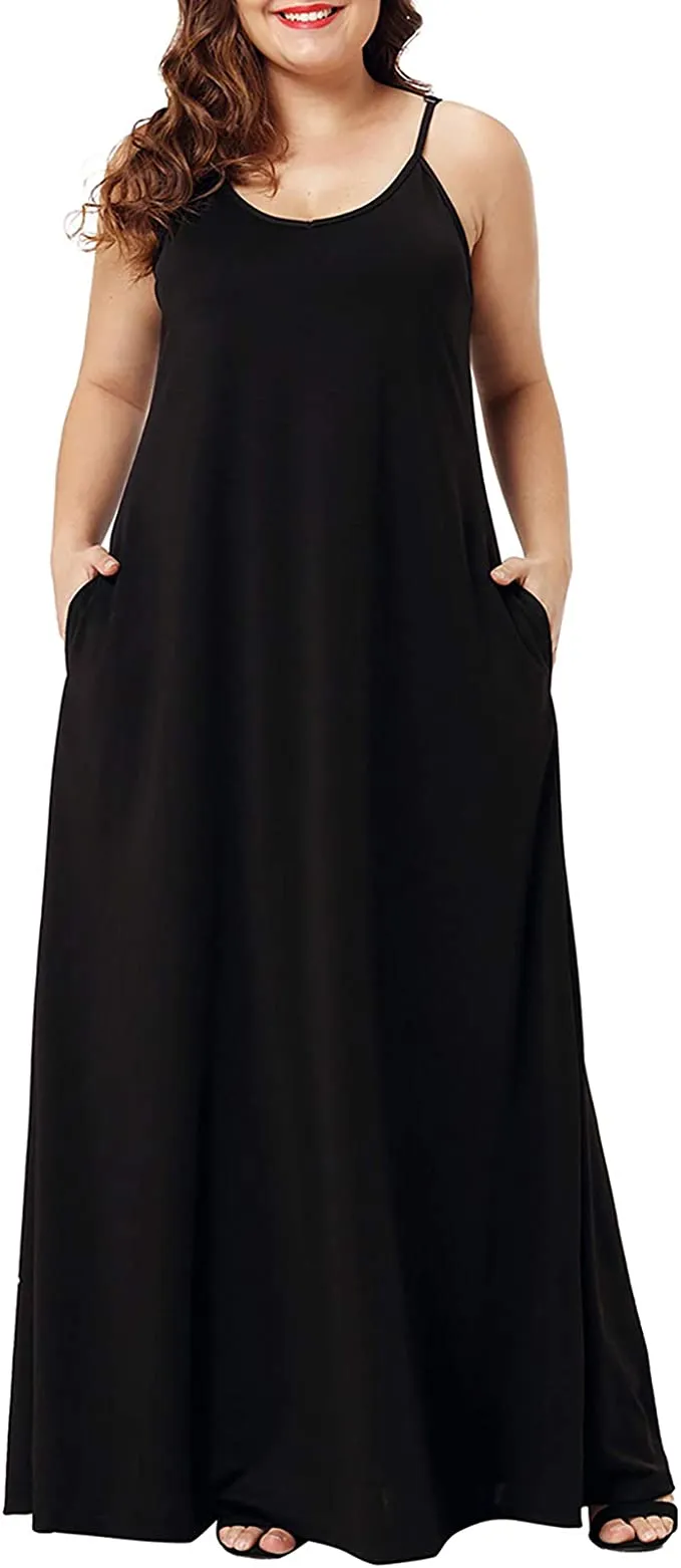 Army Green Womens Casual Sleeveless Plus Size Loose Plain Long Maxi Dress with Pockets - Wolddress