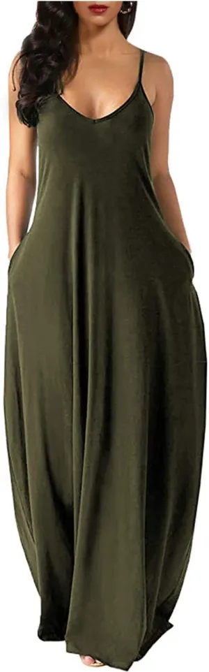 Army Green Womens Casual Sleeveless Plus Size Loose Plain Long Maxi Dress with Pockets - Wolddress