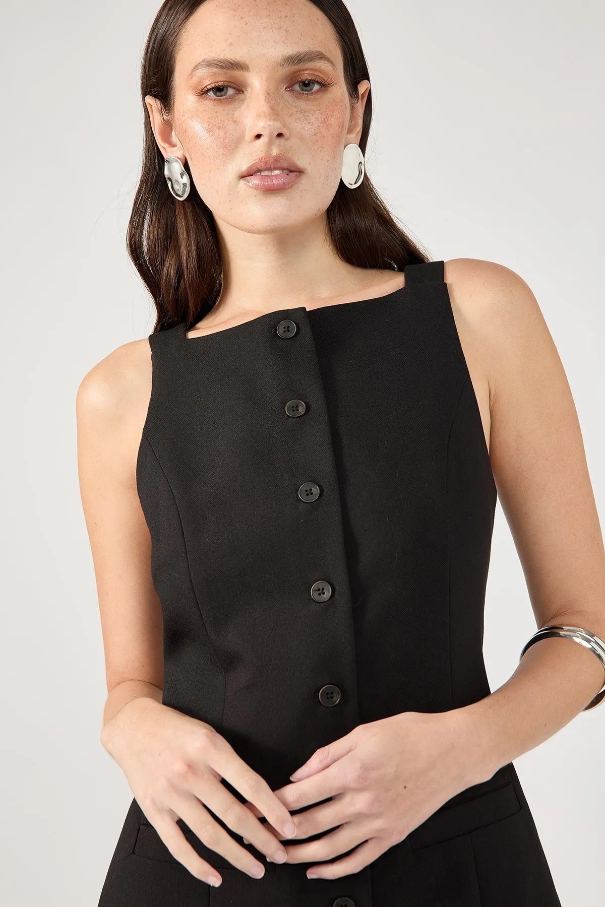 Black Button-Up High Neck Dress