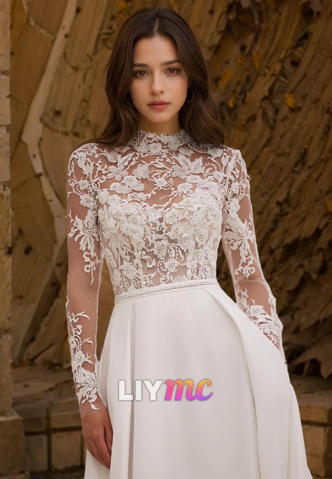 High Neck Long Sleeves Appliques Sleek A-Line Wedding Dress