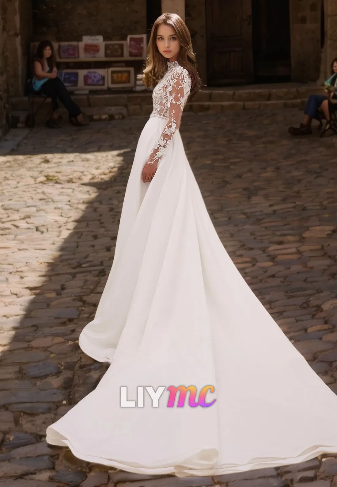 High Neck Long Sleeves Appliques Sleek A-Line Wedding Dress