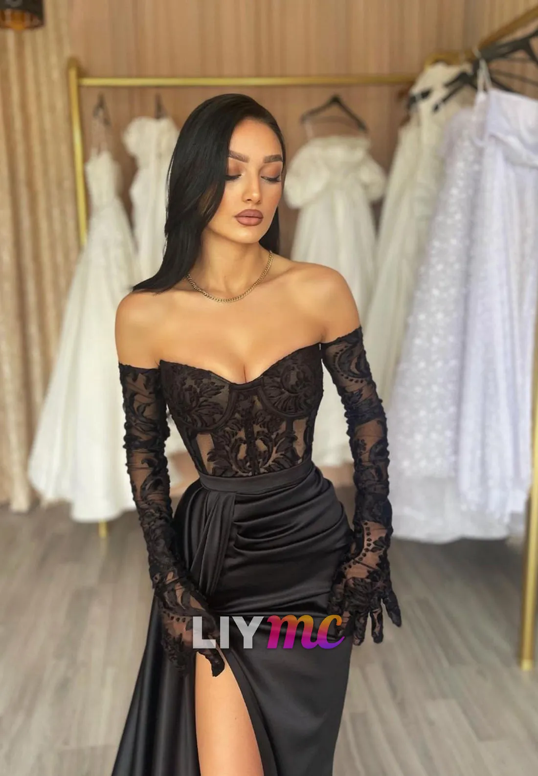 LP2028 - V-Neck Long Sleeves Lace Appliques High Slit Sexy Prom Dress