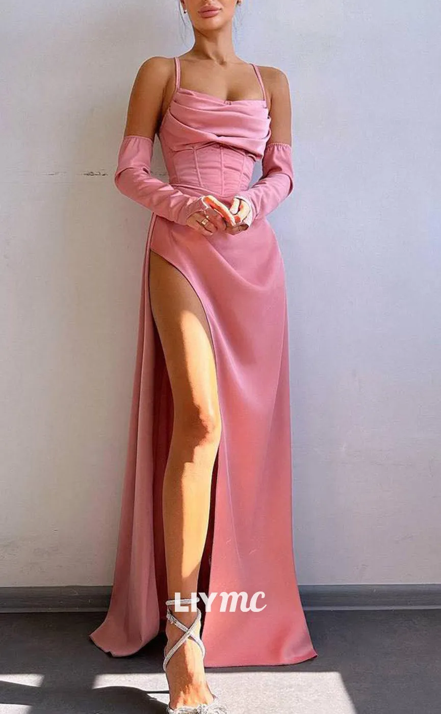 LP2200 - Scoop Sleeveless Pleated Sleek Satin High Slit Prom Dress