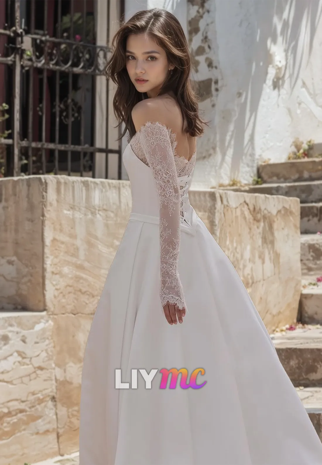 LW374 - A Line Off Shoulder Lace Long Sleeevs Elegant Wedding Dress