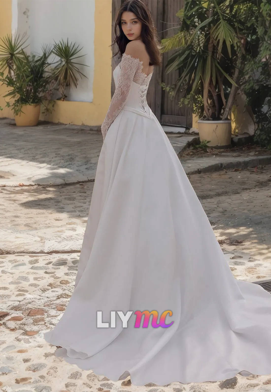 LW374 - A Line Off Shoulder Lace Long Sleeevs Elegant Wedding Dress