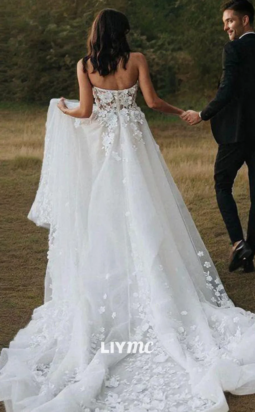LW636 - A-Line Princess V-neck Sweep Train Lace Wedding Dresses With Appliques Lace