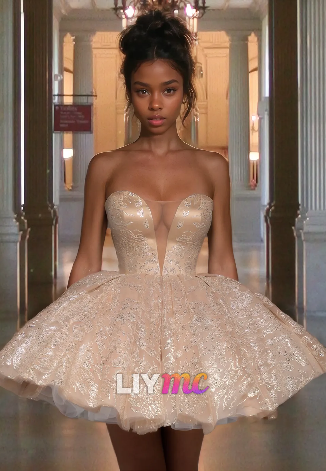 LY318 - V-Neck Sleeves Lace-Up Sparkly Short Homecoming Dress