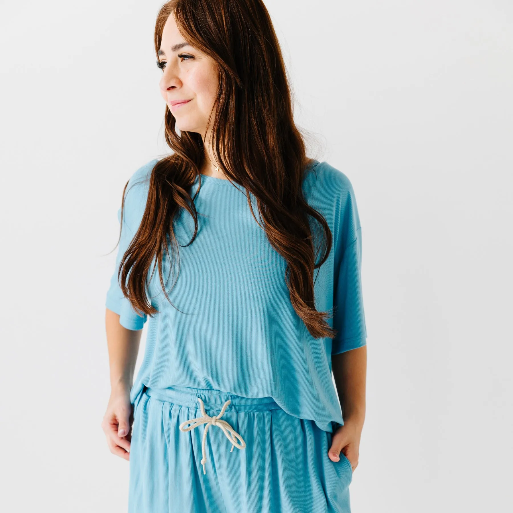 Poolside Blue Small Ribbed Women's Shorts Set