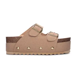Pueblo Platform Cork Vegan Suede Buckle Sandals - Tan