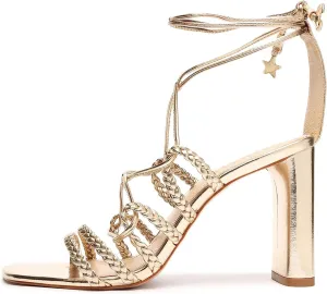 Schutz Lunah Platina Multistraps Lace Up Open Toe Block High Block Heel Sandals