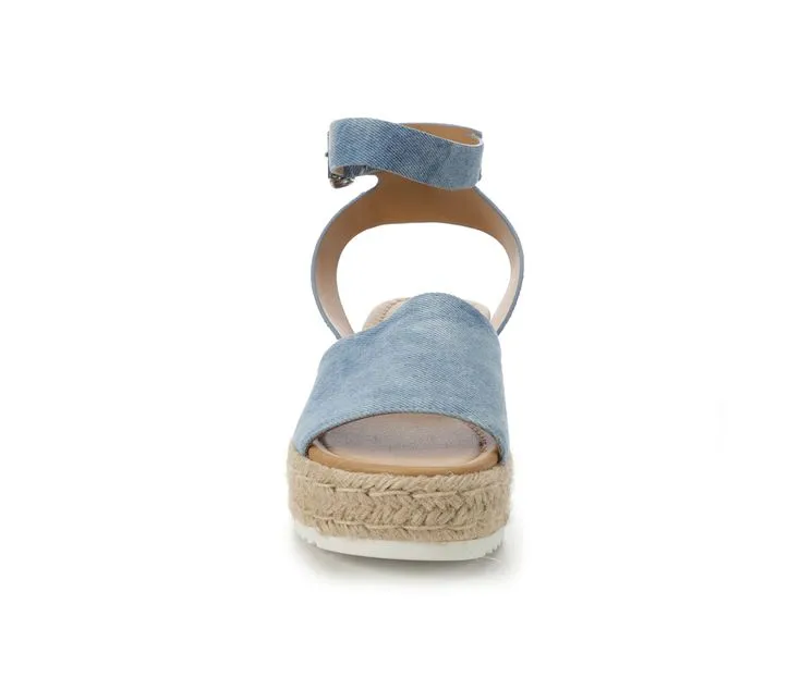Soda Topic Blue Denim Open Toe Buckle Ankle Strap Espadrilles Flatform Wedge Sandals