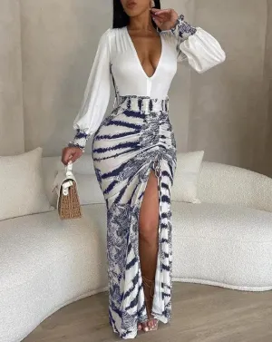 Summer Fashion Tie Dye Print Plunge High Slit