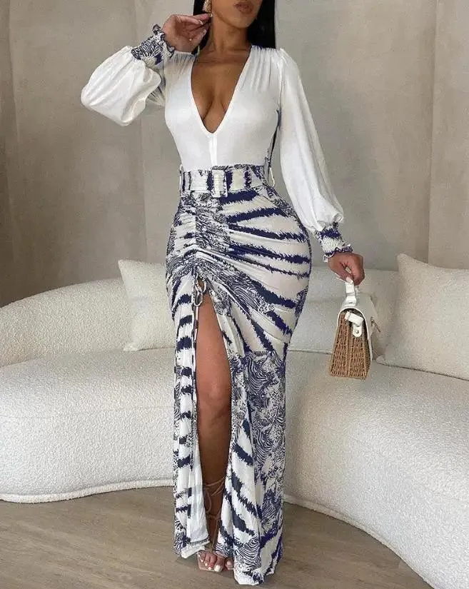 Summer Fashion Tie Dye Print Plunge High Slit