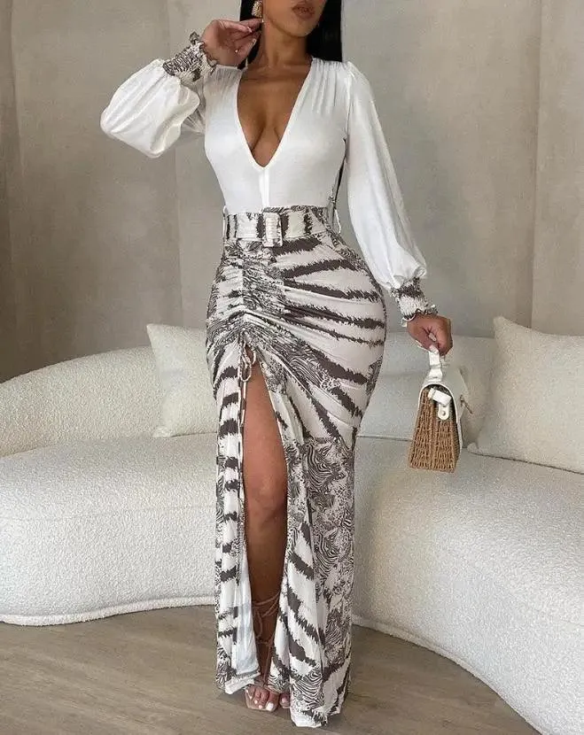 Summer Fashion Tie Dye Print Plunge High Slit