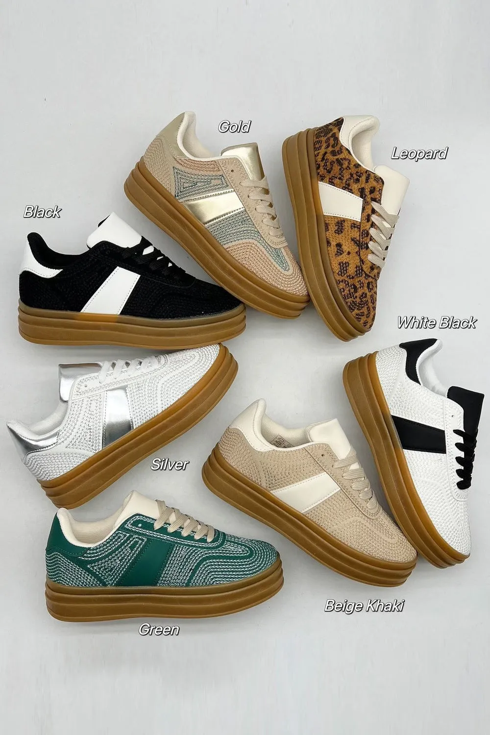 WOMENS GUM LAYRED SOLE THREAD DETAIL PLATFORM TRAINERS IN LEOPARD