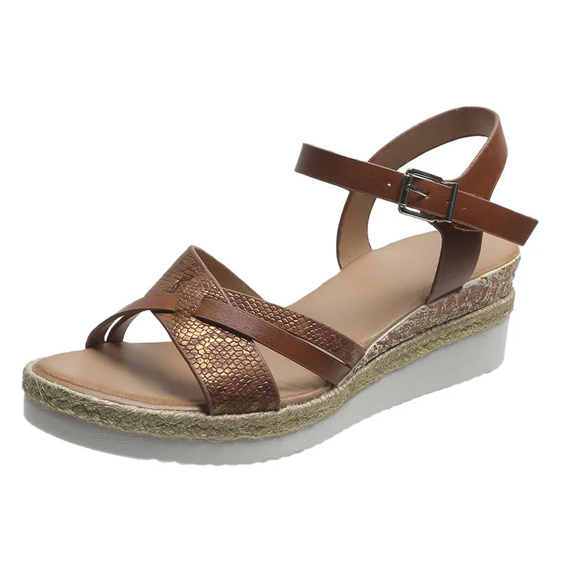 Women's retro peep toe wedge sandals summer casual sandals with buckle