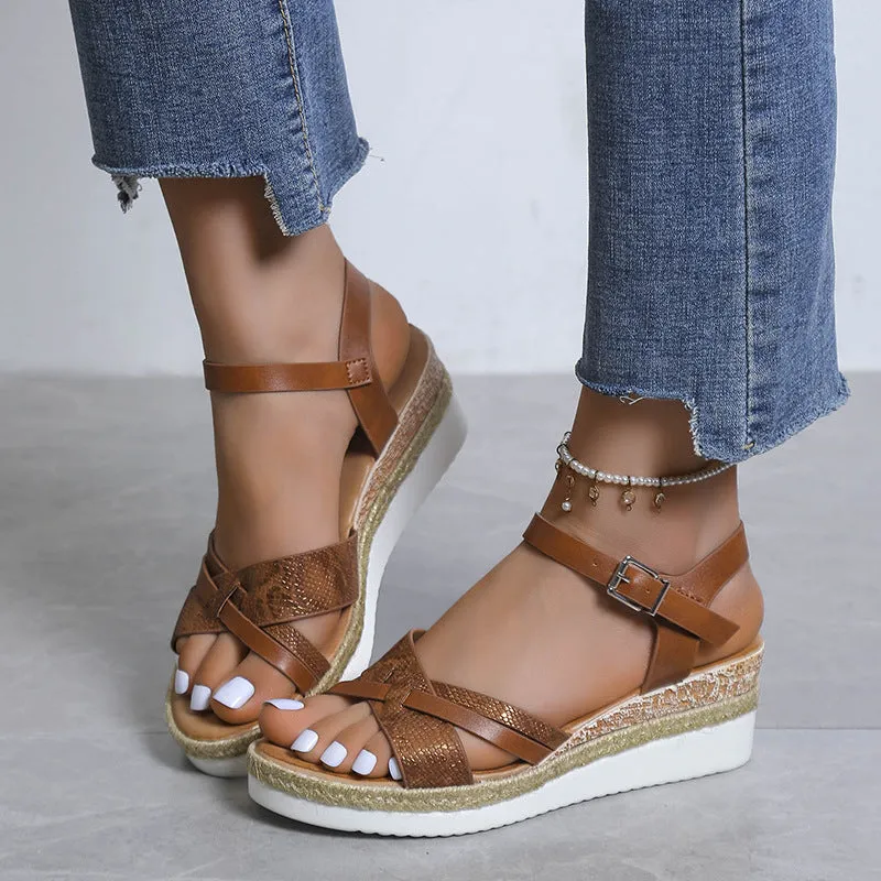 Women's retro peep toe wedge sandals summer casual sandals with buckle