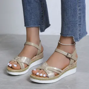 Women's retro peep toe wedge sandals summer casual sandals with buckle