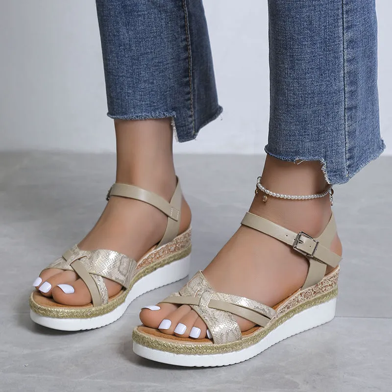 Women's retro peep toe wedge sandals summer casual sandals with buckle