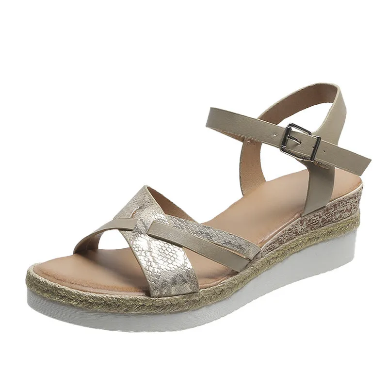 Women's retro peep toe wedge sandals summer casual sandals with buckle