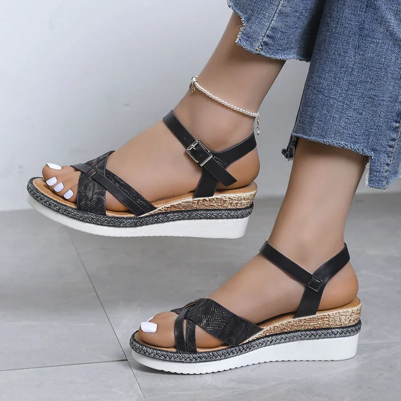 Women's retro peep toe wedge sandals summer casual sandals with buckle