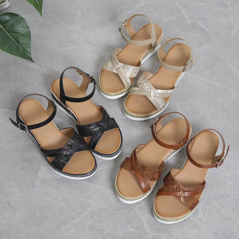 Women's retro peep toe wedge sandals summer casual sandals with buckle