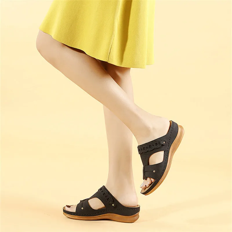 Women's retro wedge slippers summer open toe non-slip slides